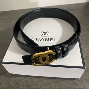CHANEL Black Belt with Gold Buckle